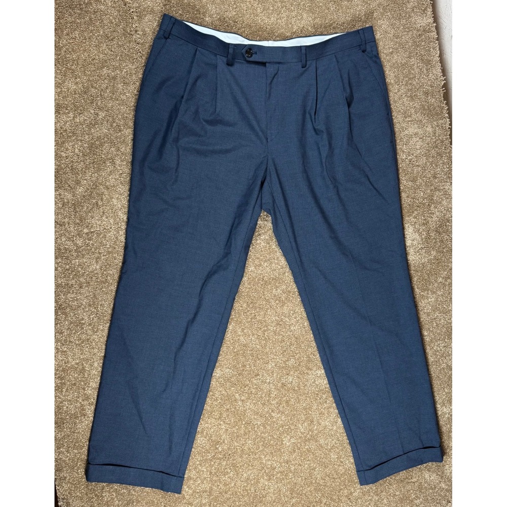 Ralph Lauren Mens Pleated Dress Pants Blue Micro Check Poly Blend‎ Size 40x30